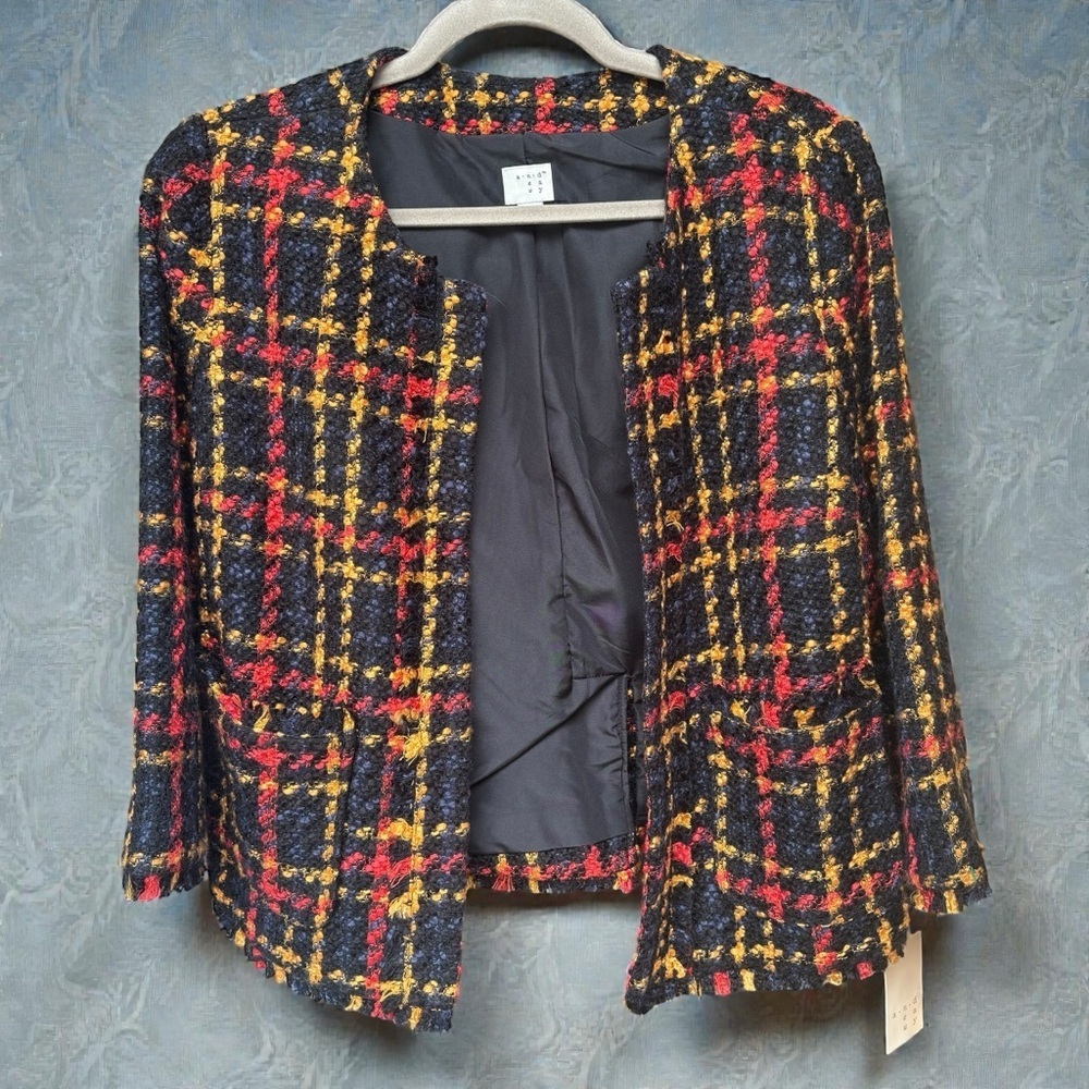 A New Day Tweed Sunflower Plaid Blazer Jacket Open Front Sz Small NWT - Picture 2 of 14
